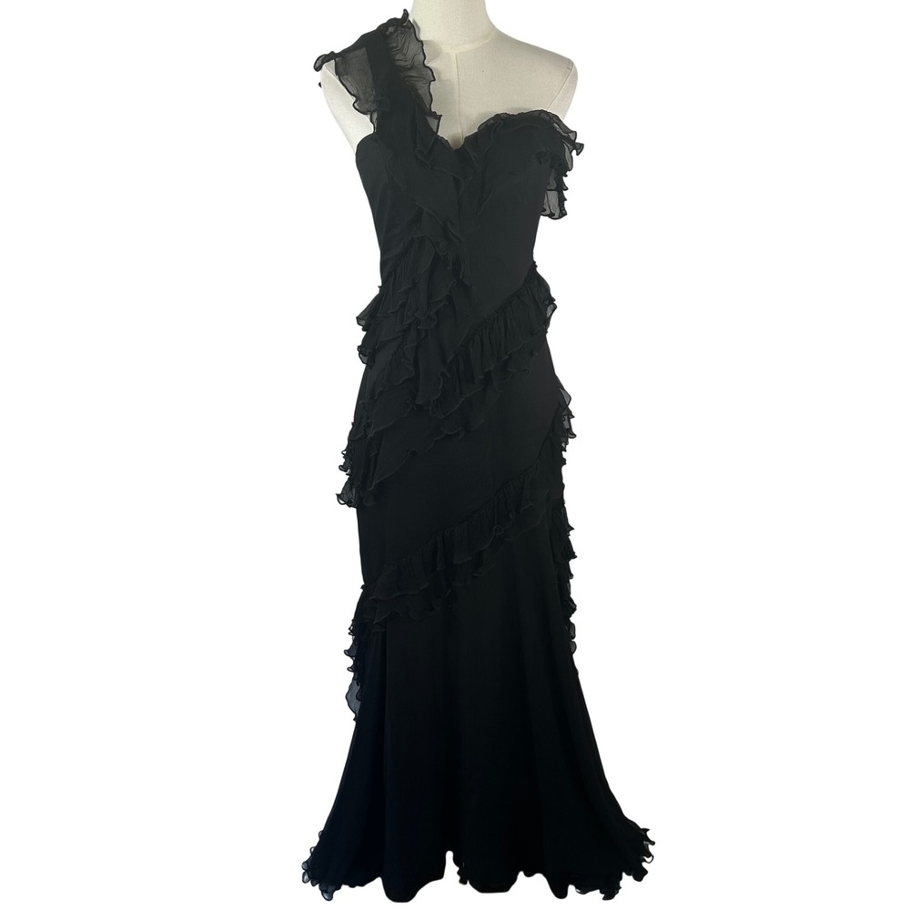 AMUR Silk Gown Womens 6 Black One Shoulder Ruffle Asymmetric Evening Maxi Dress